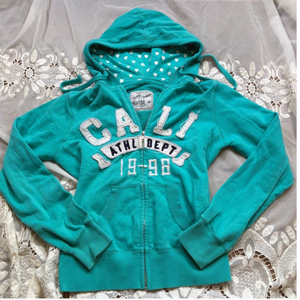 Y2K Teal Cali Athl Dept Full Zip Hoodie Teal Green Heart Print Hood M